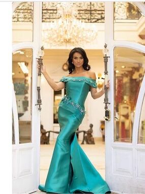 Terani Couture Teal Off-Shoulder Mermaid Gown
